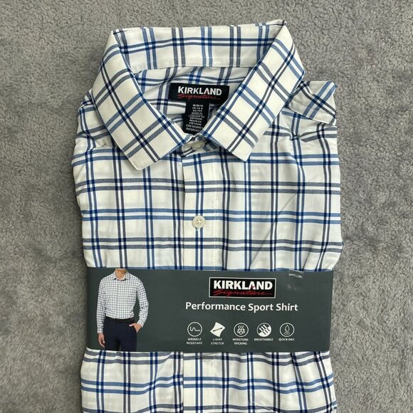 NEW Kirkland Signature Men's M Performance Sport Dress Shirt White Blue Plaid - Picture 2 of 8